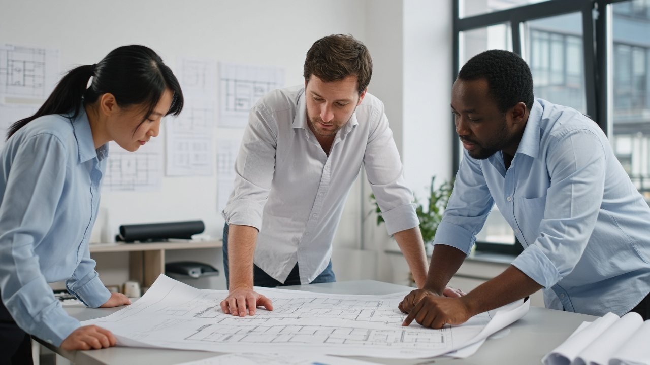 ClearSpan engineers reviewing construction drawings together